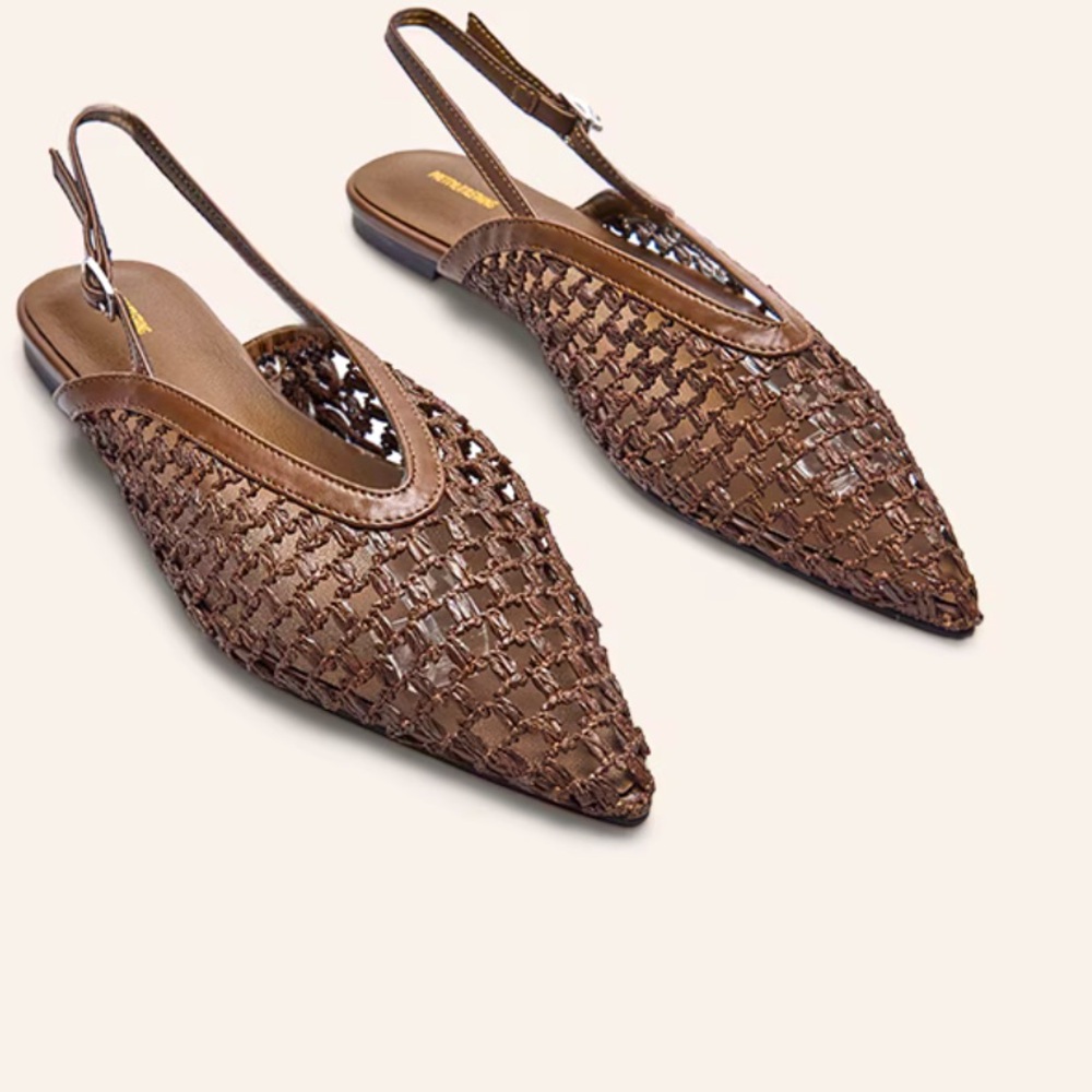 Brown leather pointed toe flat sandals with adjustable ankle strap